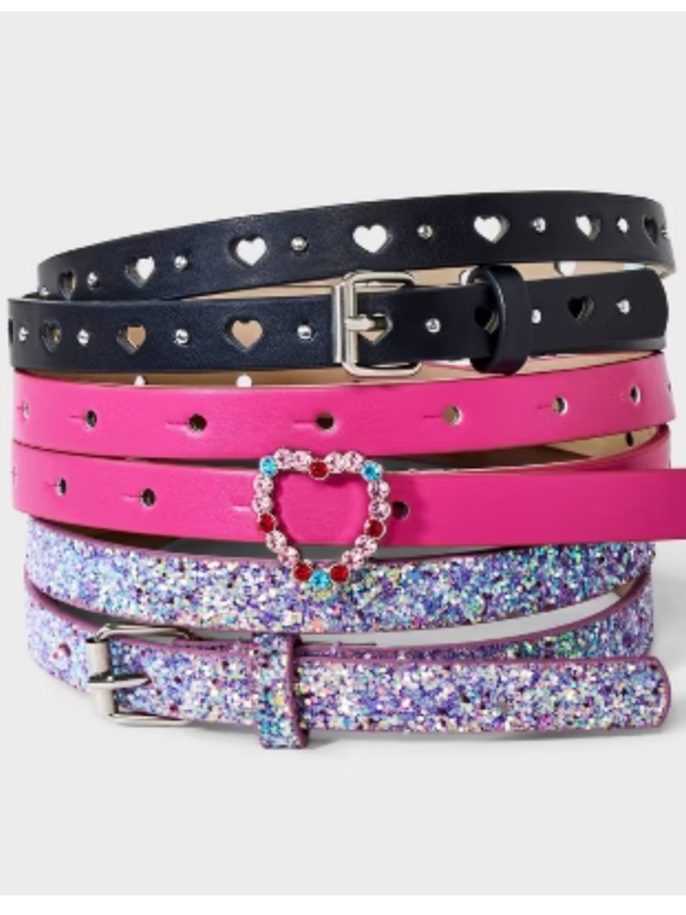 Cat & Jack Girls 3-Pack Heart Cutout, Pink and Glitter Skinny Belts Size XL